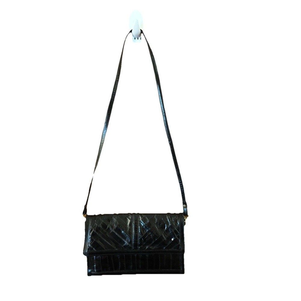 Vintage Genuine Eel Skin Purse Black With Shoulder Strap 70s 80s Era